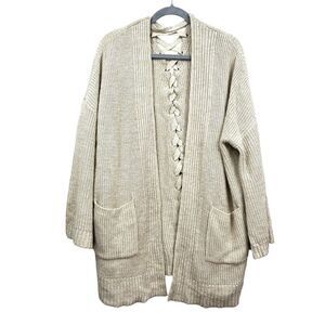 Rain + Rose Womens Cardigan Sweater Collarless Open Front Braided Back Beige L*